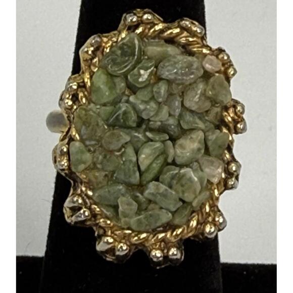 Jewelry - Vintage Chipped Jadeite? Nugget Cluster Ring Gold Tone Adjustable Size 7